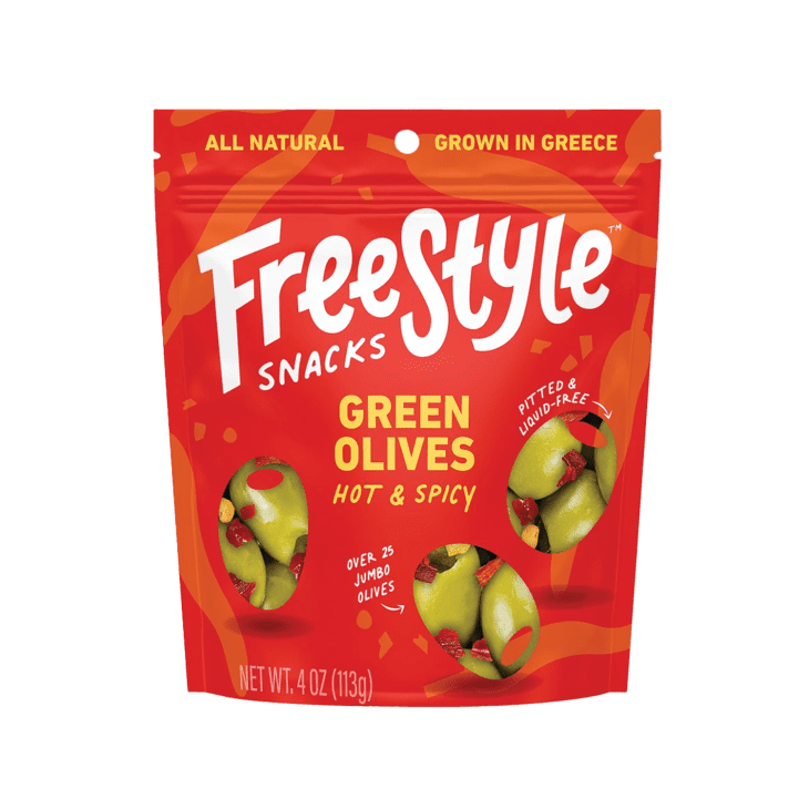 Freestyle Snacks Hot and Spicy Green Olives on a white background