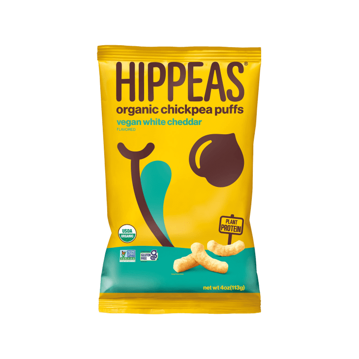 Hippeas Vegan White Cheddar Organic Chickpea Puffs on a white background