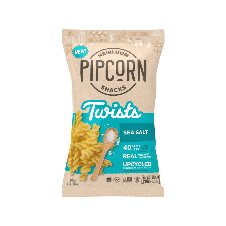 Pipcorn Heirloom Snacks Sea Salt Twists on a white background