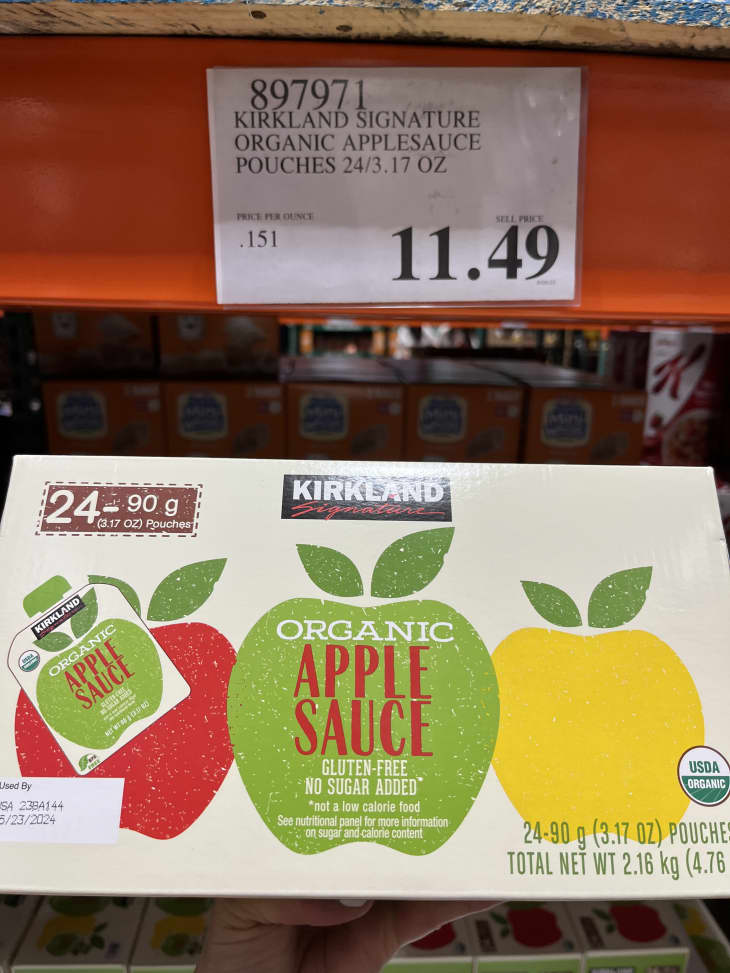 price on shelf, apple sauce squeeze pouches, kirkland