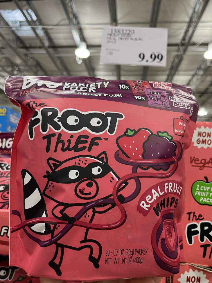 froot thief, fruit snacks, fruit gummies, price above product on shelf, raccoon character on bag