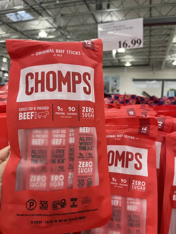 chomps, beef jerky, multi pack, jerky sticks in bag, price on shelf