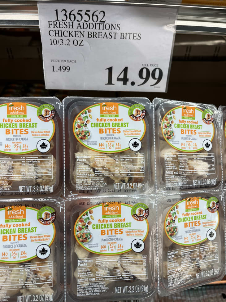 price above product, chicken breast bites, sealed plastic package, pre cooked chicken pieces