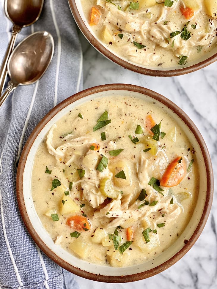 Chicken and potato soup in two bowls