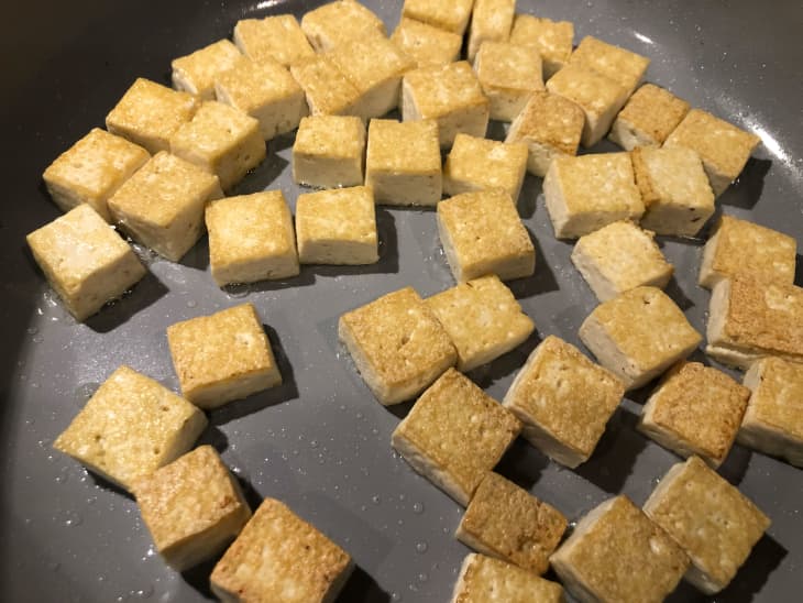 cooked tofu in caraway saute pan