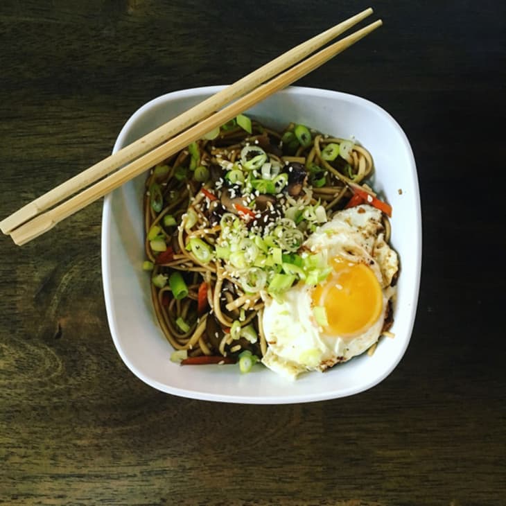 asian noodle bowls with fried egg