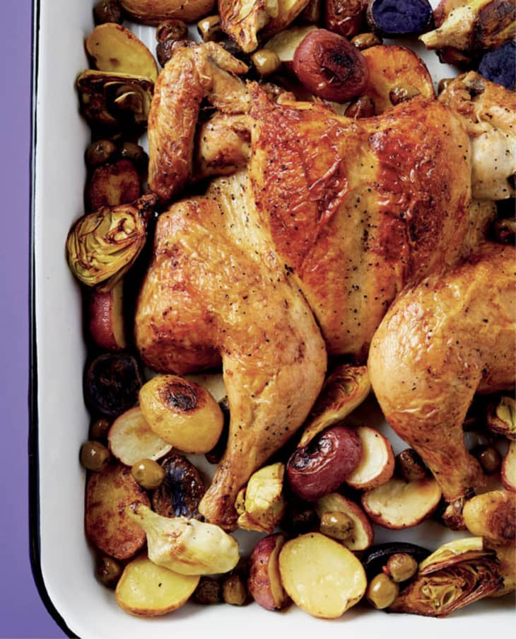 roasted chicken with potatoes, artichokes, and olives