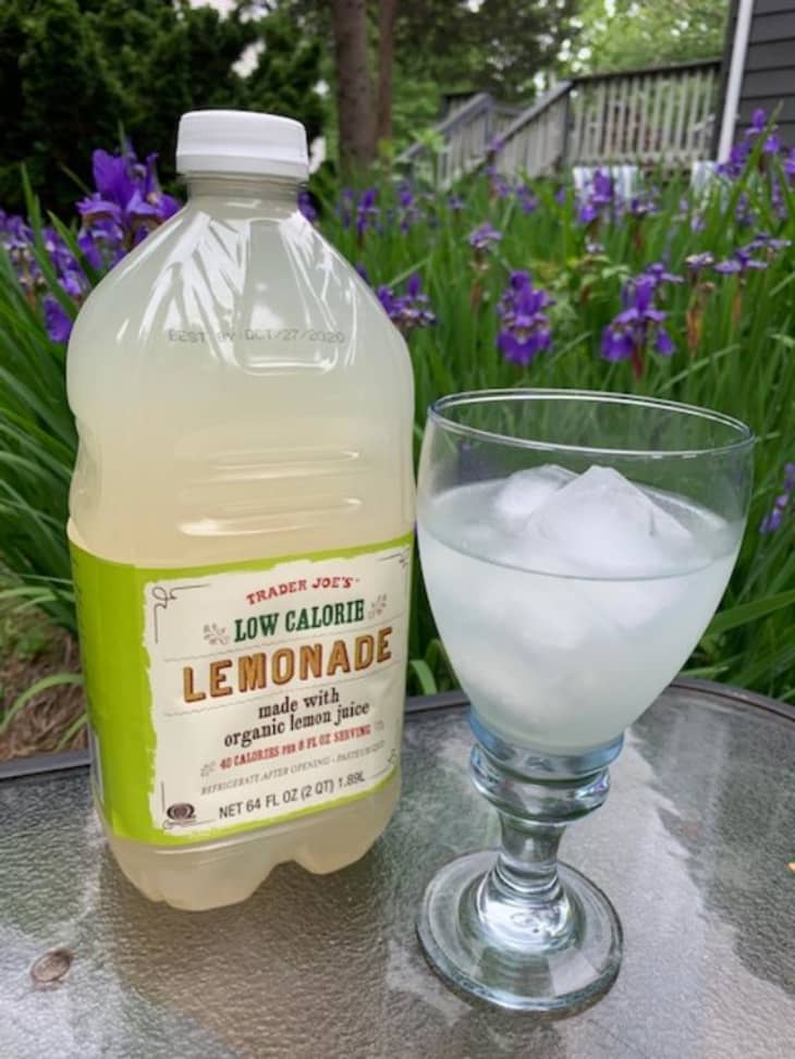 Trader Joe's lemonade bottle with a glass