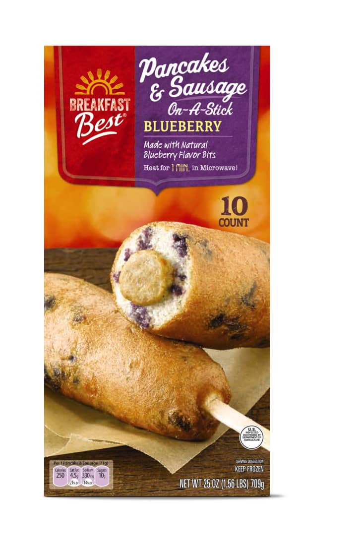 blueberry pancakes and sausage on a stick