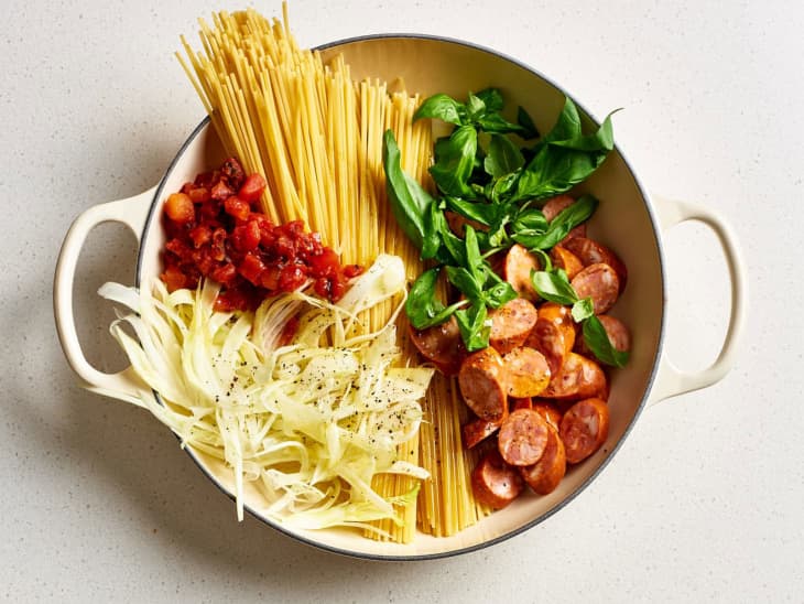 pasta ingredients in pot before cooking