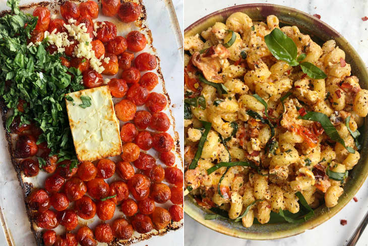 image of tomatos tofu and greens on the left, and baked feta pasta in a bowl on the right