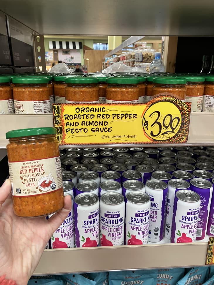 Trader Joe's roasted red pepper and almond pesto sauce