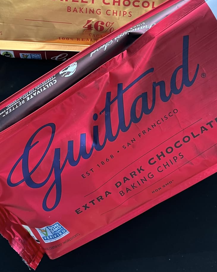 Guittard Extra Dark Chocolate Baking Chips package on dark background