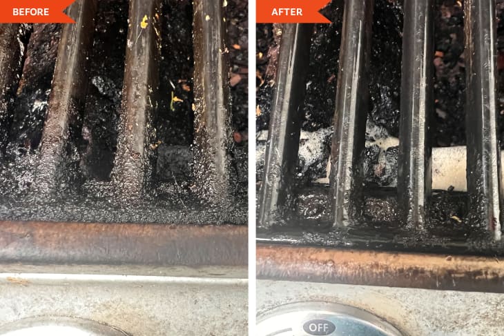 Side-by-side before and after photos of a dirty grill before cleaning, and the same grill that's been cleaned.