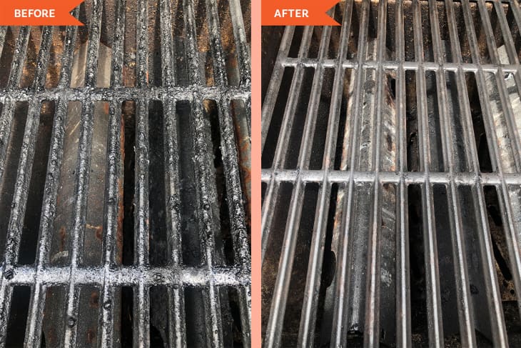 Grill grates before and after cleaning, showing a transformation from dirty to clean metal bars.