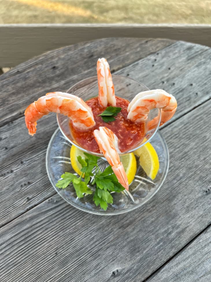 shrimp cocktail with chili sauce on table