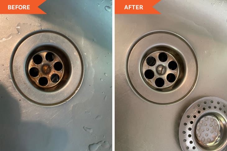 before and after photos of a sink drain cleaned with the OXO Brush Set