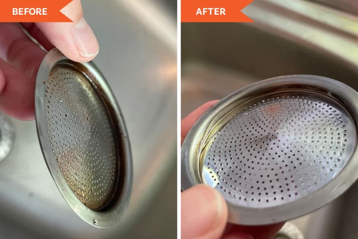before and after photos of a sink strainer cleaned with the OXO Brush Set