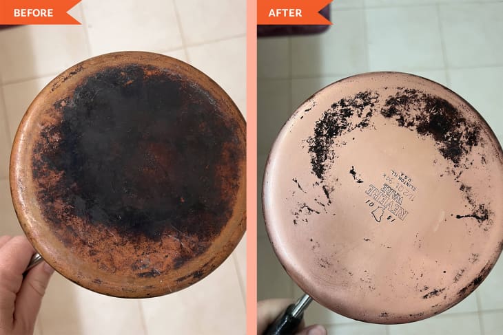 Before and after diptych of cleaning copper pot