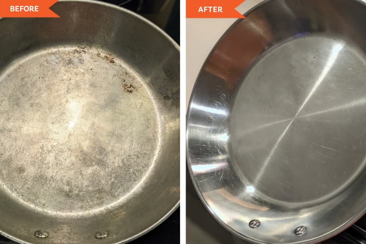 Before and after photos of pan washed with JR Watkins Dish Soap