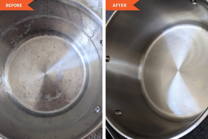 Before and after photos of pot washed with JR Watkins Dish Soap