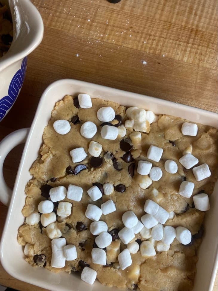 uncooked baking dish with s'mores blondie dough