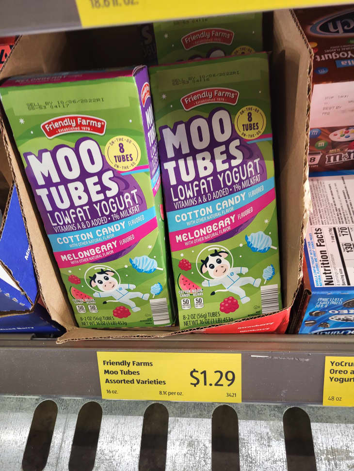 Moo Tubes yogurt on shelf with $1.29 price tag