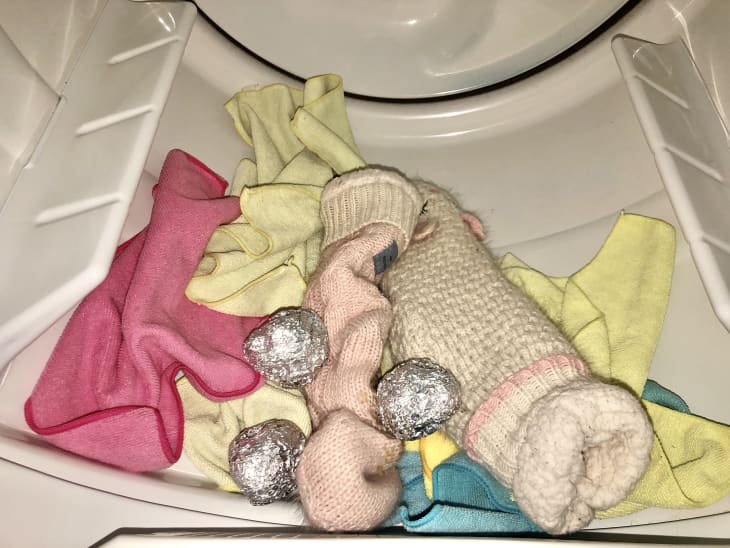 aluminum foil balls in dryer with microfiber cloths and socks
