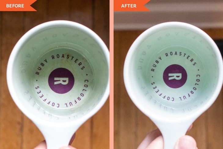 diptych of coffee mug before and after cleaning