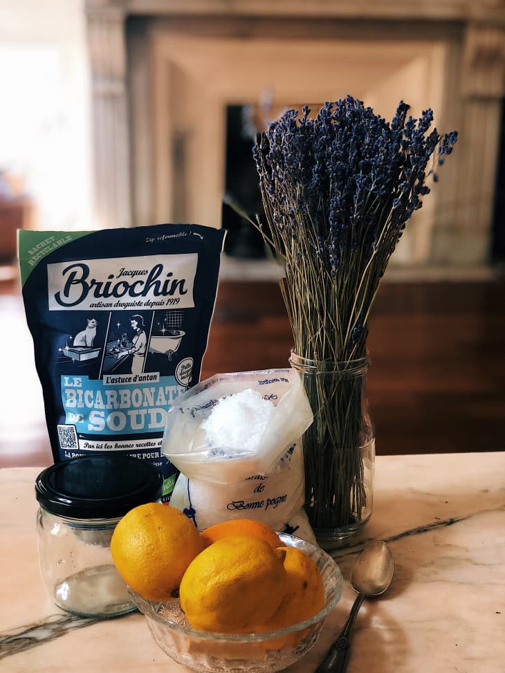 ingredients for sink scrub - citrus, salt, baking soda, lavender