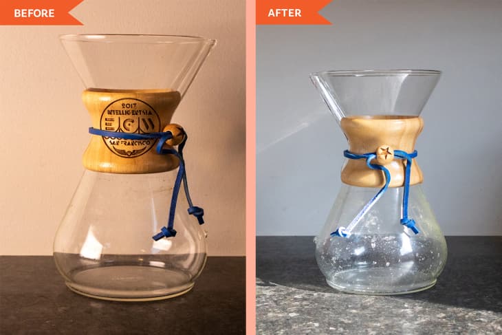 Diptych of chemex before and after cleaning.