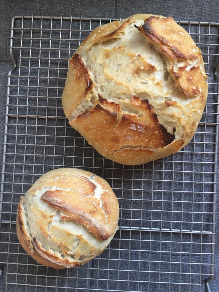 two loaves of sourdough bread on a cooling rack