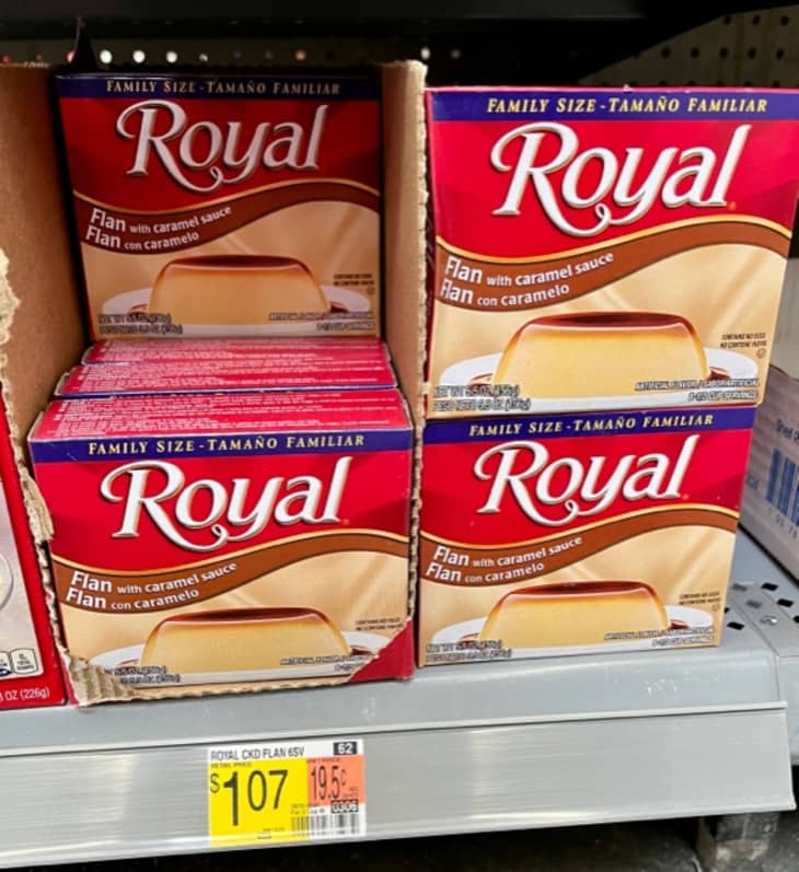 boxes of Royal flan mix on store shelf, $1.07