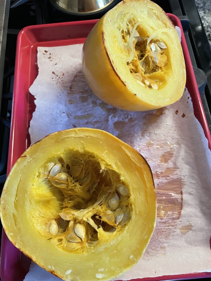 spaghetti squash cut in half and cooked in oven