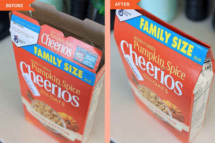 Diptych of cheerios box before and after closing.