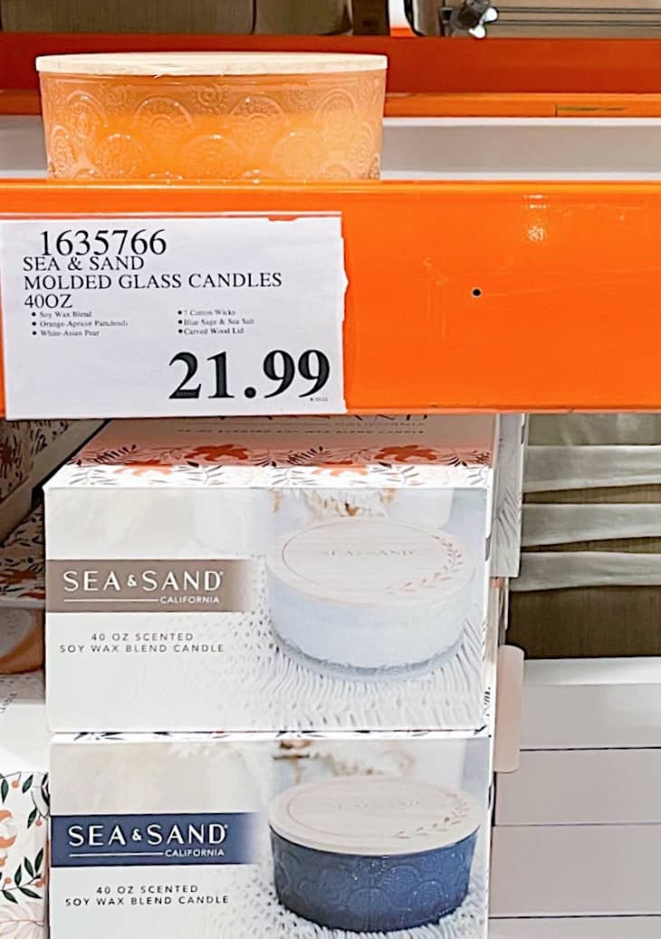 Costco Sea &amp; Sand molded glass candle on store display