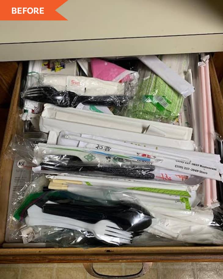 disorganized kitchen drawer