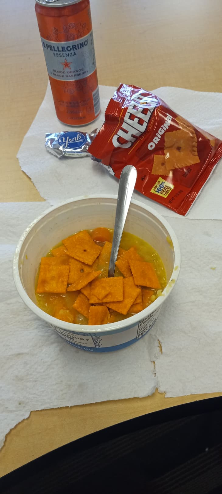 cheez-its on top of soup, Pellegrino