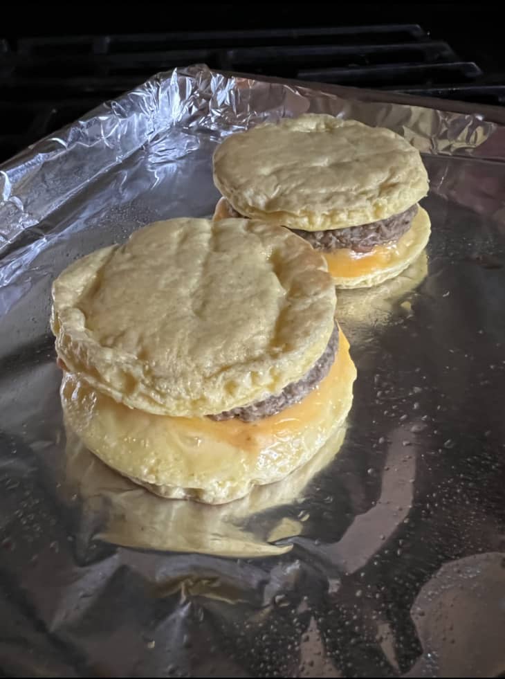 two Trader Joe's eggwiches on a sheet tray