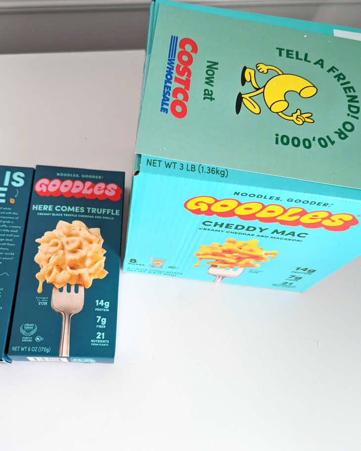 Googles mac and cheese boxes on white background.