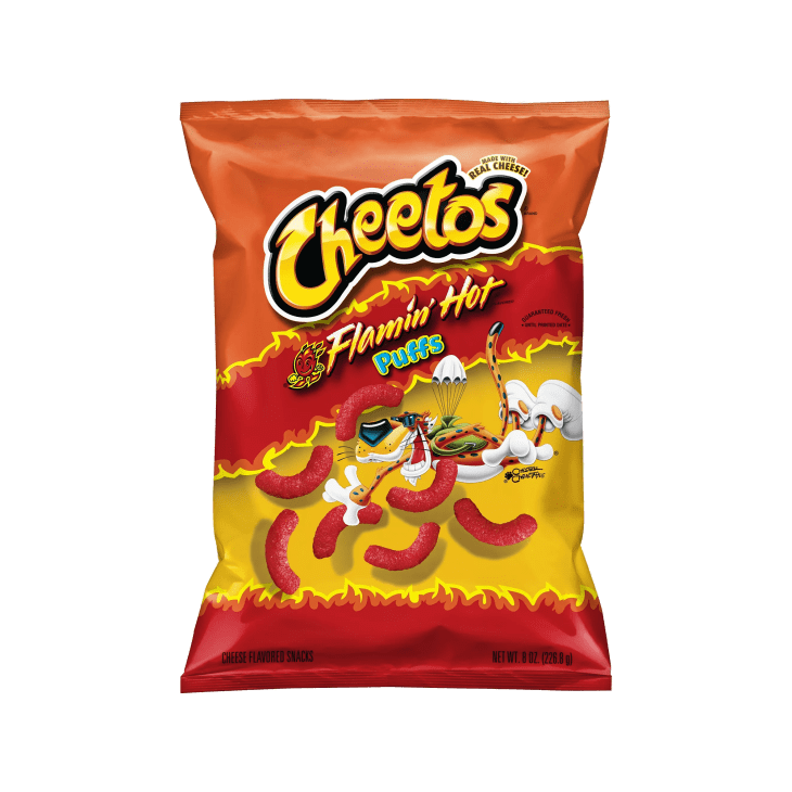 bag of Cheetos Flamin’ HotPuffs on white background