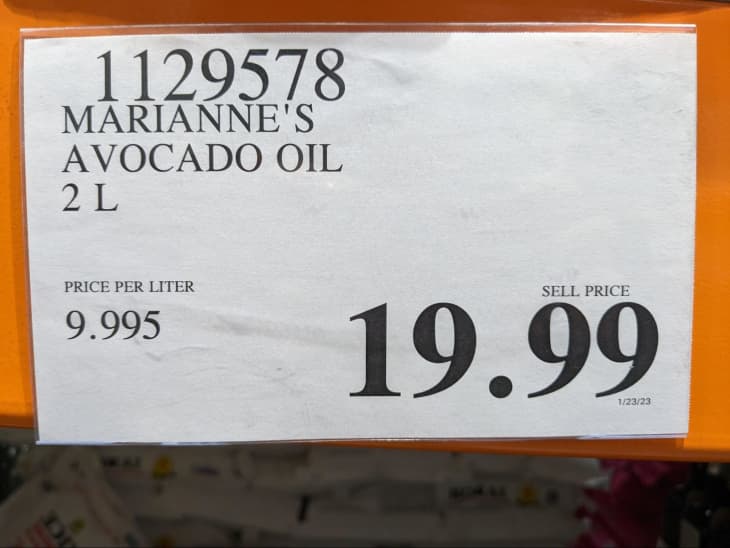 store shelf label with price of marianne's avocado oil, 2 liters, $19.99