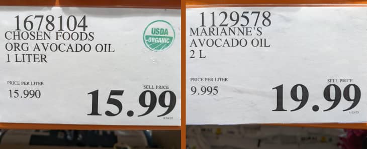 2 avocado oil price labels from grocery store shelves showing difference in price per liter