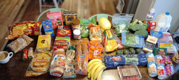 Weekly grocery haul on table