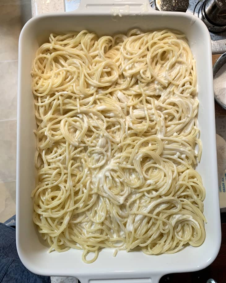 Overhead photo of spaghetti in casserole dish, before sauce is added