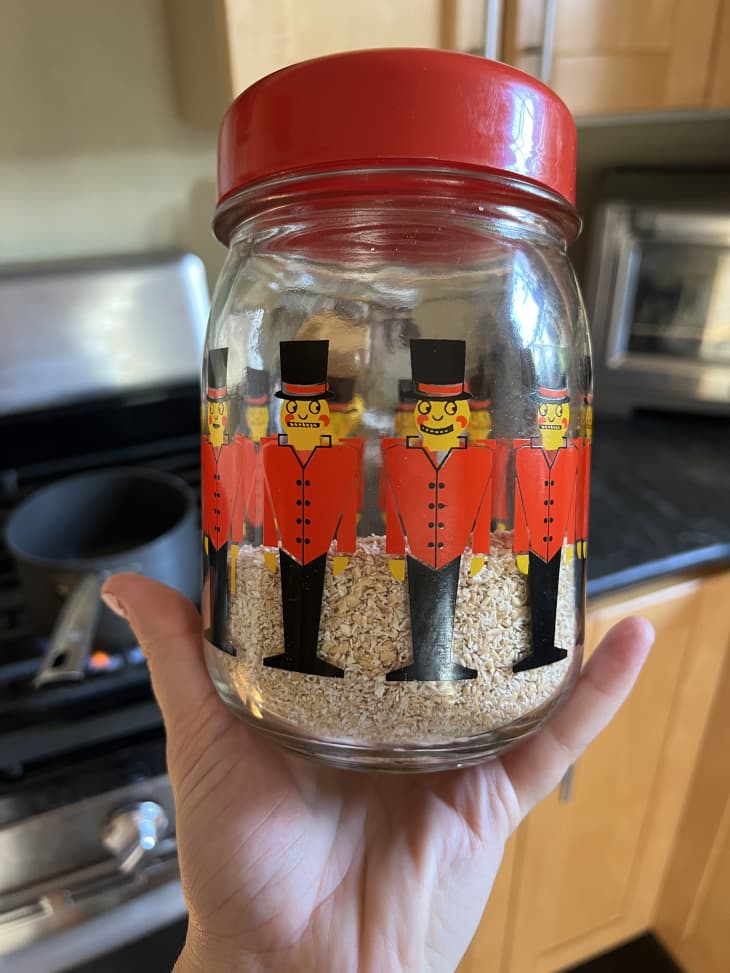 Bob's Red Mill Oat Bran decanted into a glass jar