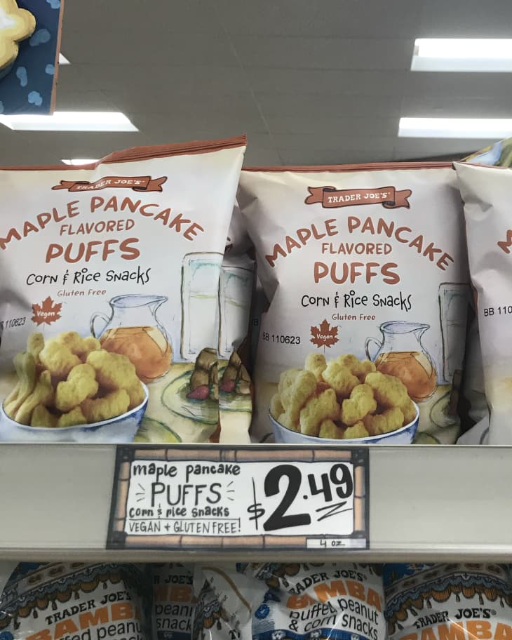 Maple Pancake-Flavored Puffs on shelf at Trader Joe's