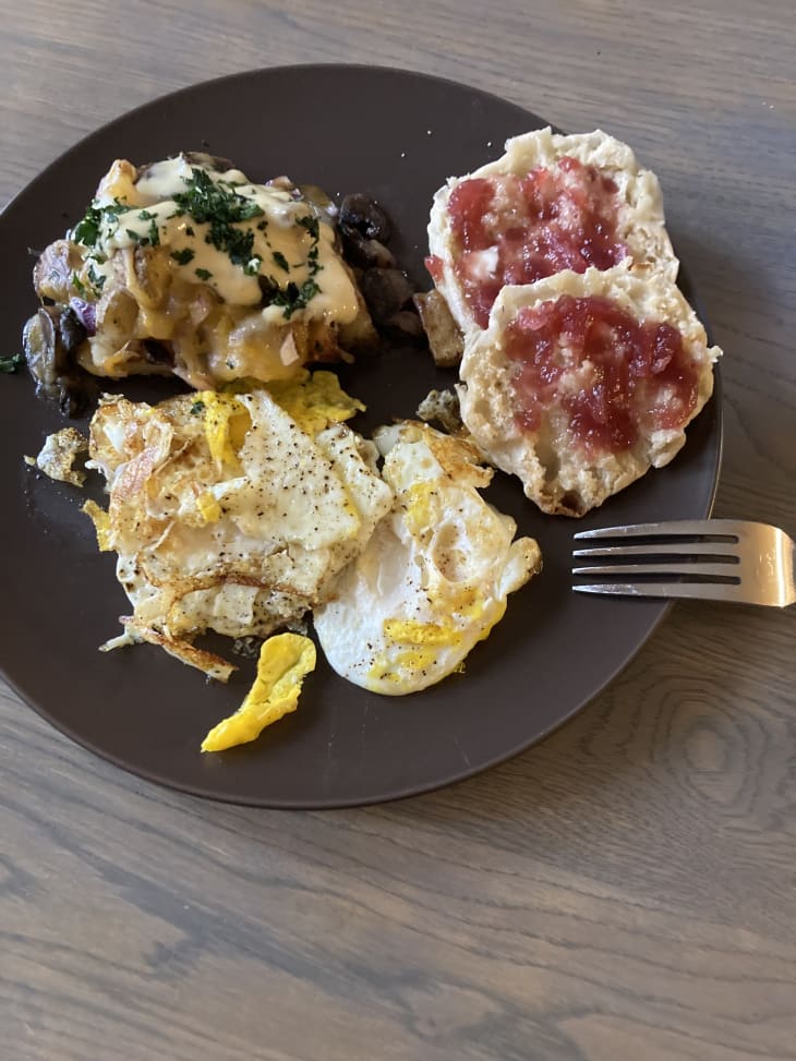 egg potato skillet with English muffin and jam