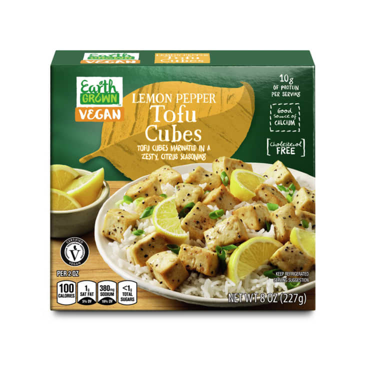 Product photo of Aldi Earth Grown Vegan Lemon Pepper Tofu Cubes on a white background
