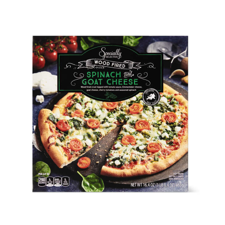 Product photo of Aldi's Specially Selected Wood-Fired Spinach and Goat Cheese Pizza on a white background